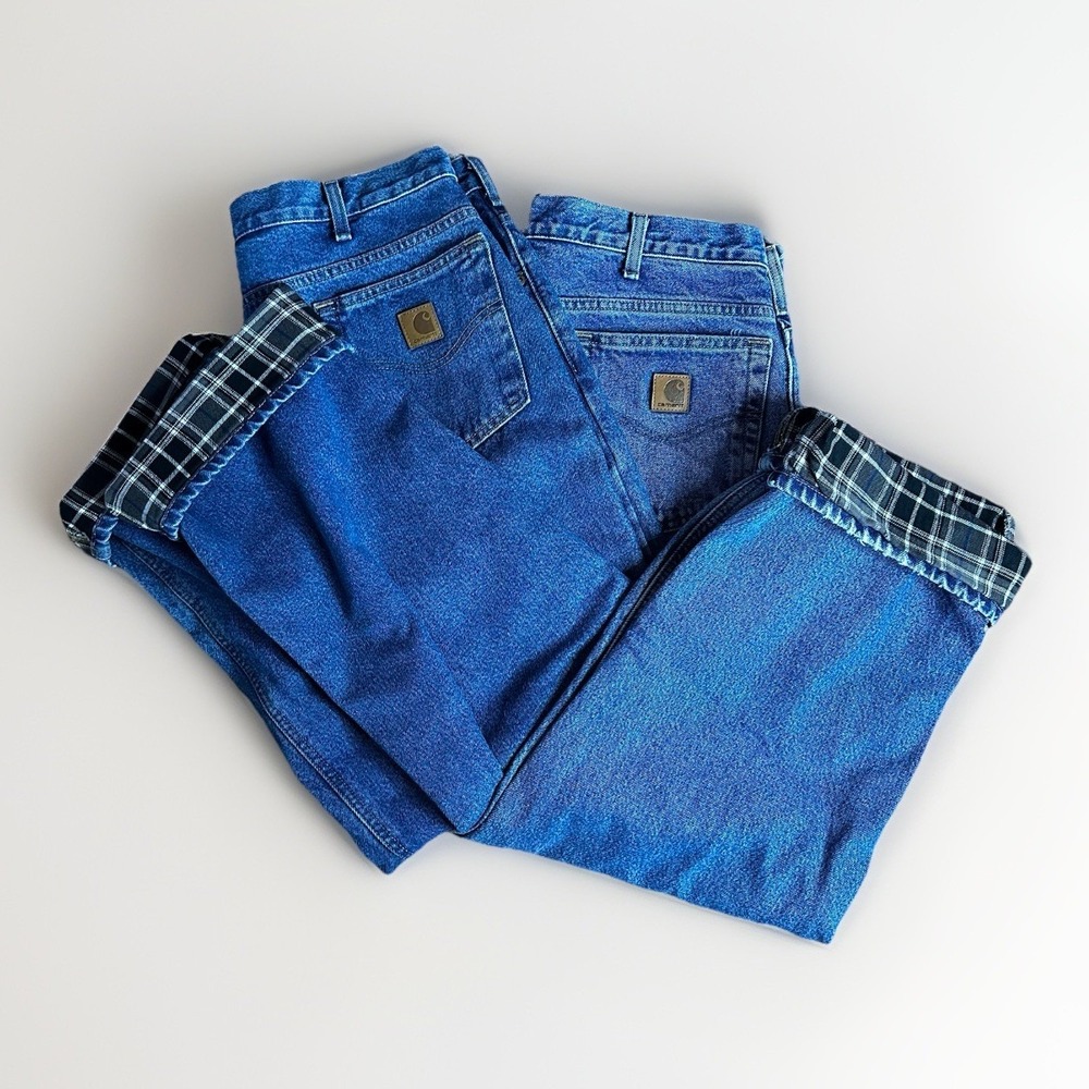 Vintage Carhartt B172 DST Jeans Mens 36x30 Blue Flannel Plaid Lined Relaxed Fit